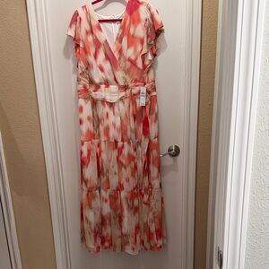 Women's Coral Brushstroke Maxi Dress with Belt